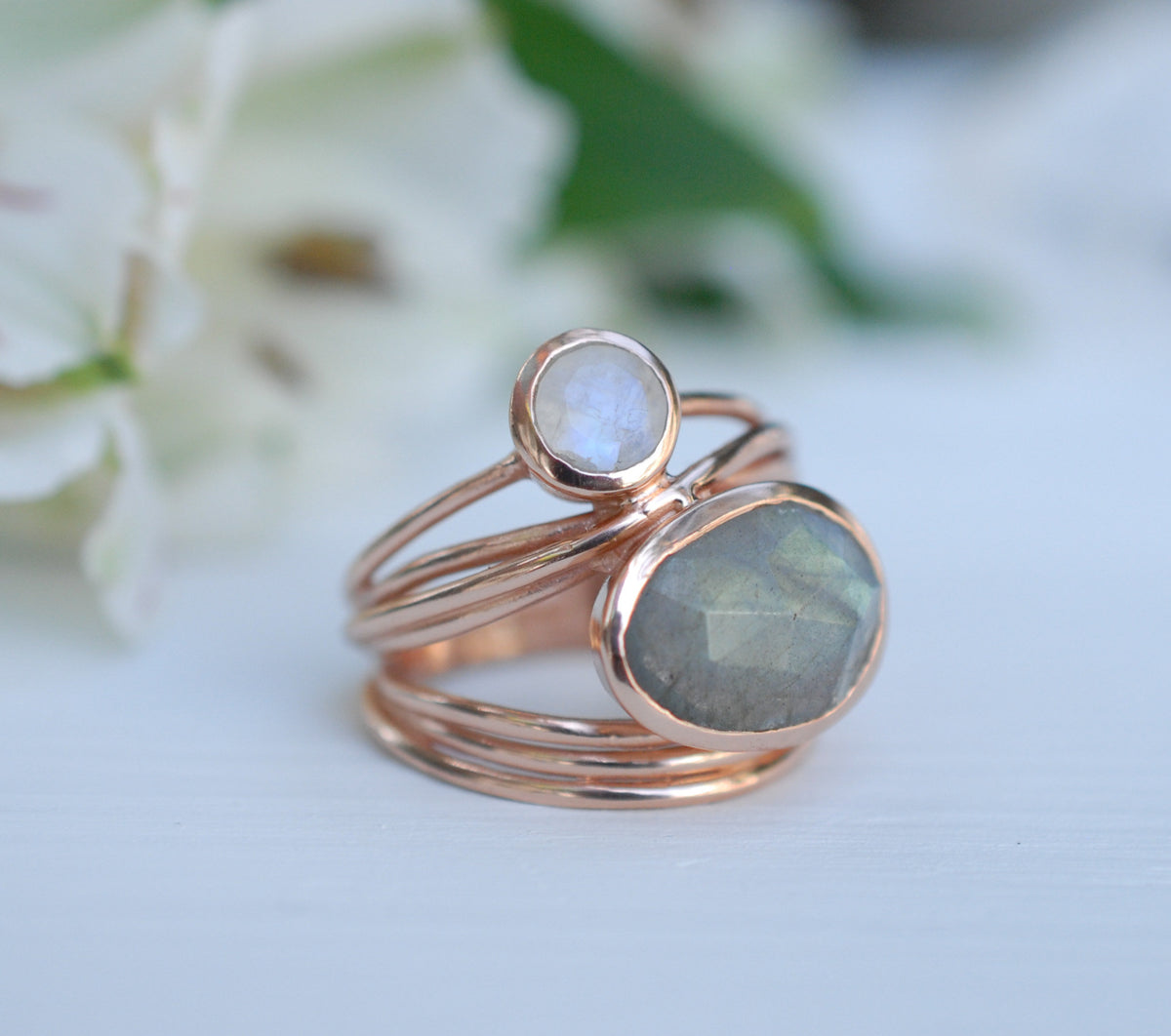 Rose Gold Plated  Ring* Labradorite * Moonstone * Gemstones * Handmade *Statement * Natural * Organic * Gift for her * Jewelry*Bycila*BJR075