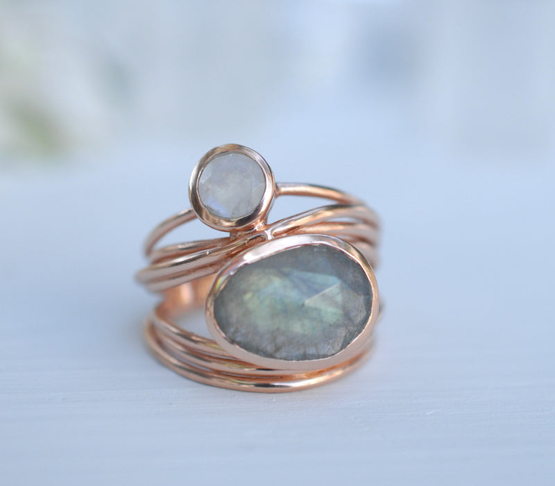 Rose Gold Plated  Ring* Labradorite * Moonstone * Gemstones * Handmade *Statement * Natural * Organic * Gift for her * Jewelry*Bycila*BJR075