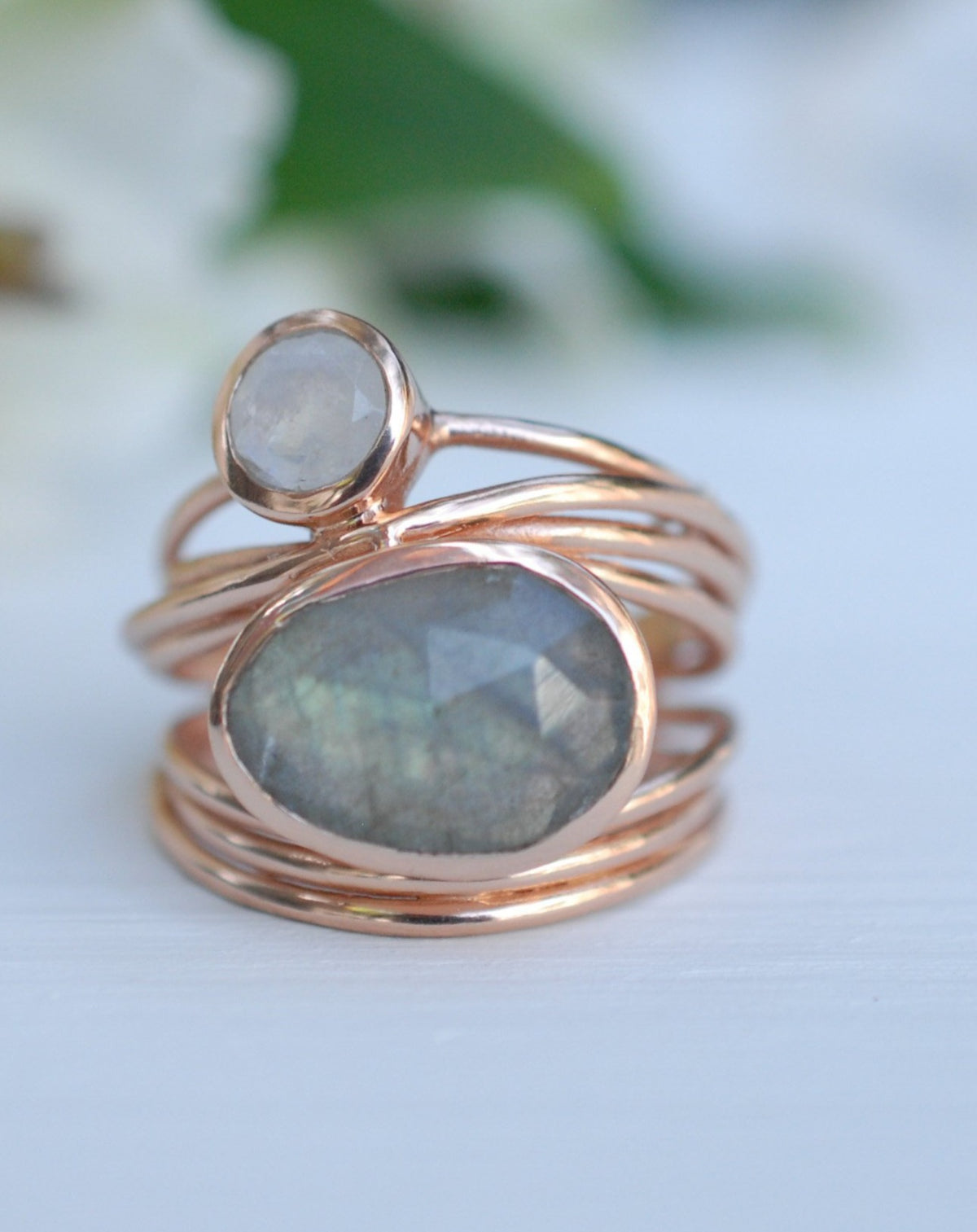 Rose Gold Plated  Ring* Labradorite * Moonstone * Gemstones * Handmade *Statement * Natural * Organic * Gift for her * Jewelry*Bycila*BJR075
