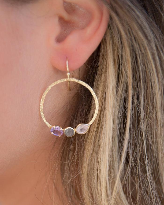 Rose Quartz, Labradorite & Amethyst * Earrings * Geometric * Empty Circle * Handmade Gemstone * Dangle * Gold * BJE099