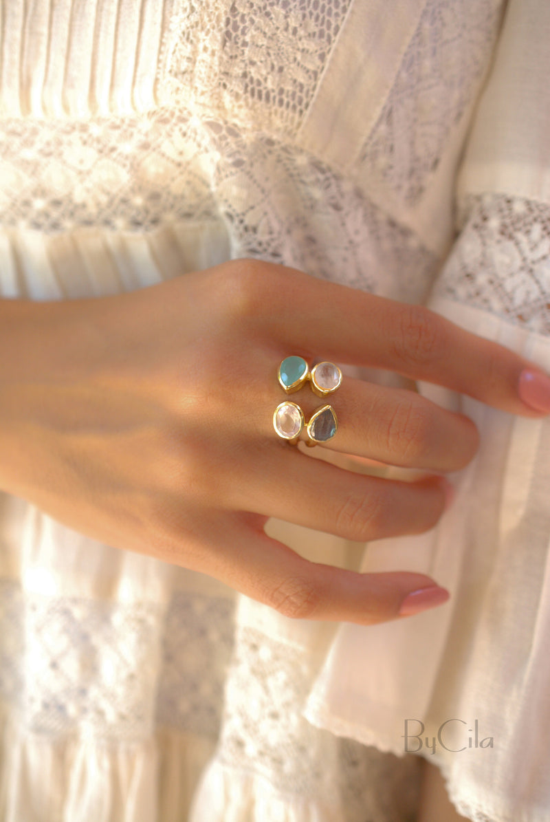 Gemstones Gold Ring* Moonstone, Aqua Chalcedony, Labradorite & Rose Quartz * Statement Birthstone* Gold Plated Ring * Multi stones BJR062