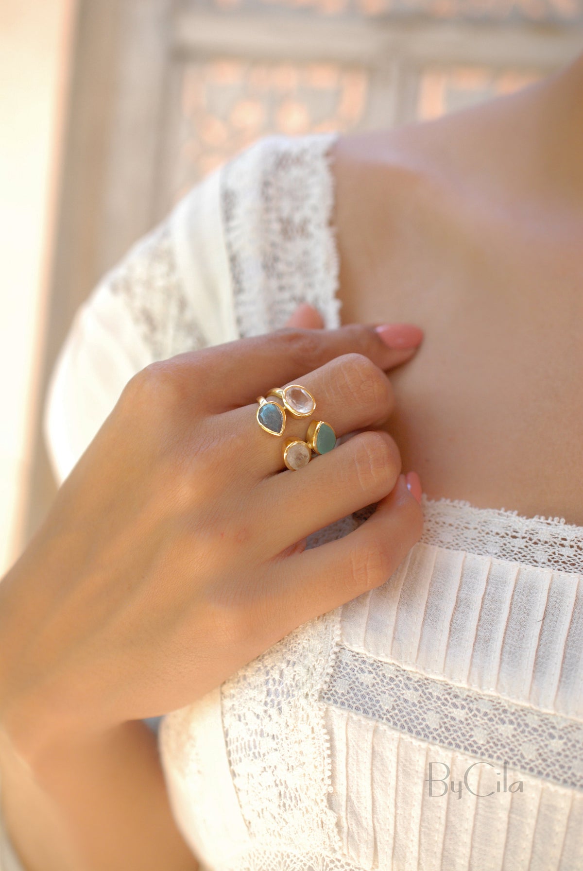 Gemstones Gold Ring* Moonstone, Aqua Chalcedony, Labradorite & Rose Quartz * Statement Birthstone* Gold Plated Ring * Multi stones BJR062