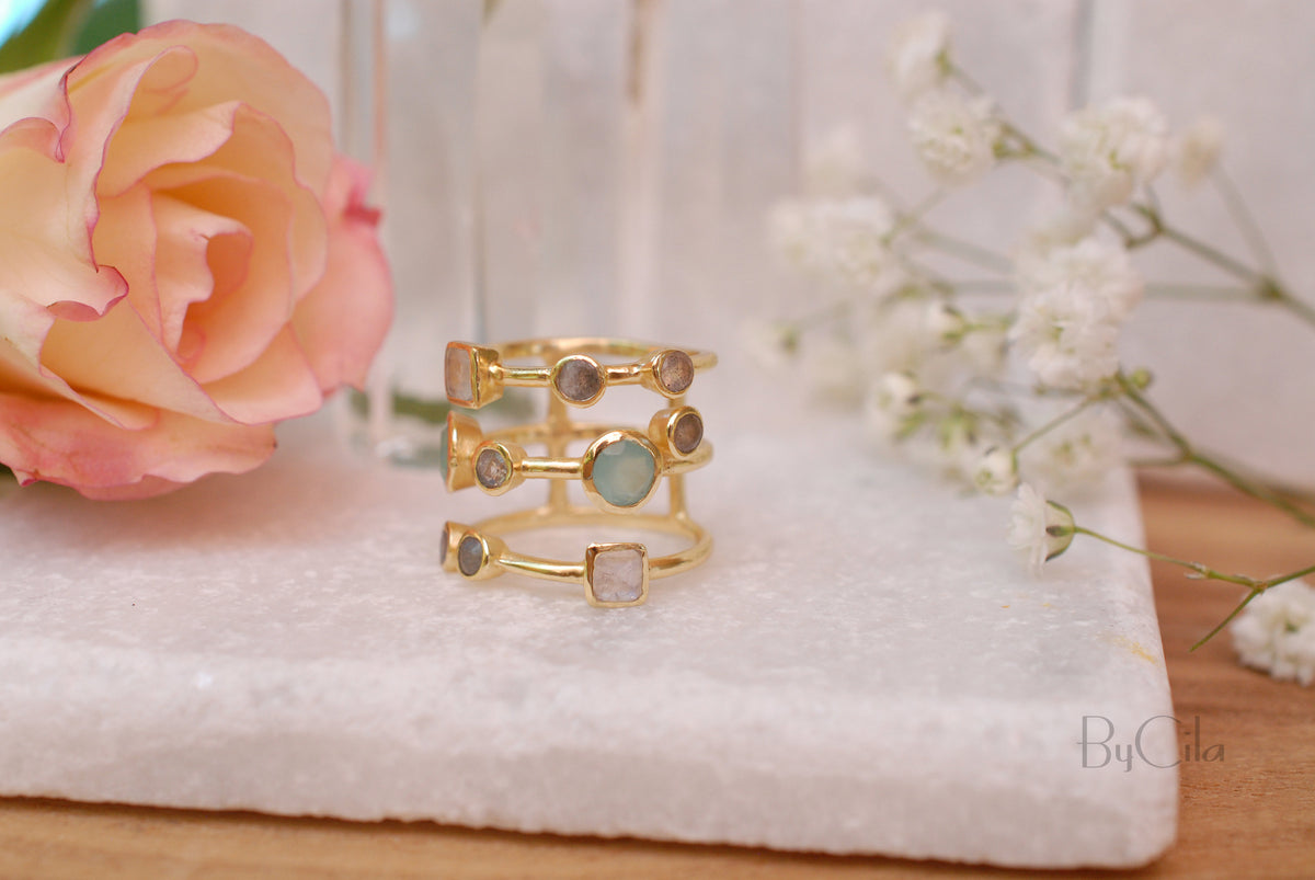 Gemstones Gold Ring * Statement Birthstone* Gold Plated Ring * Labradorite * Moonstone * Teal Chalcedony * Aqua*BJR072