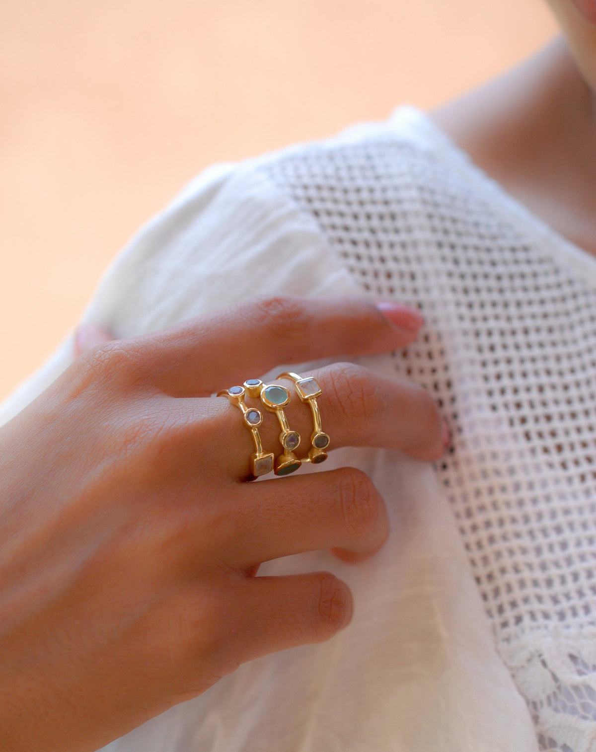 Gemstones Gold Ring * Statement Birthstone* Gold Plated Ring * Labradorite * Moonstone * Teal Chalcedony * Aqua*BJR072