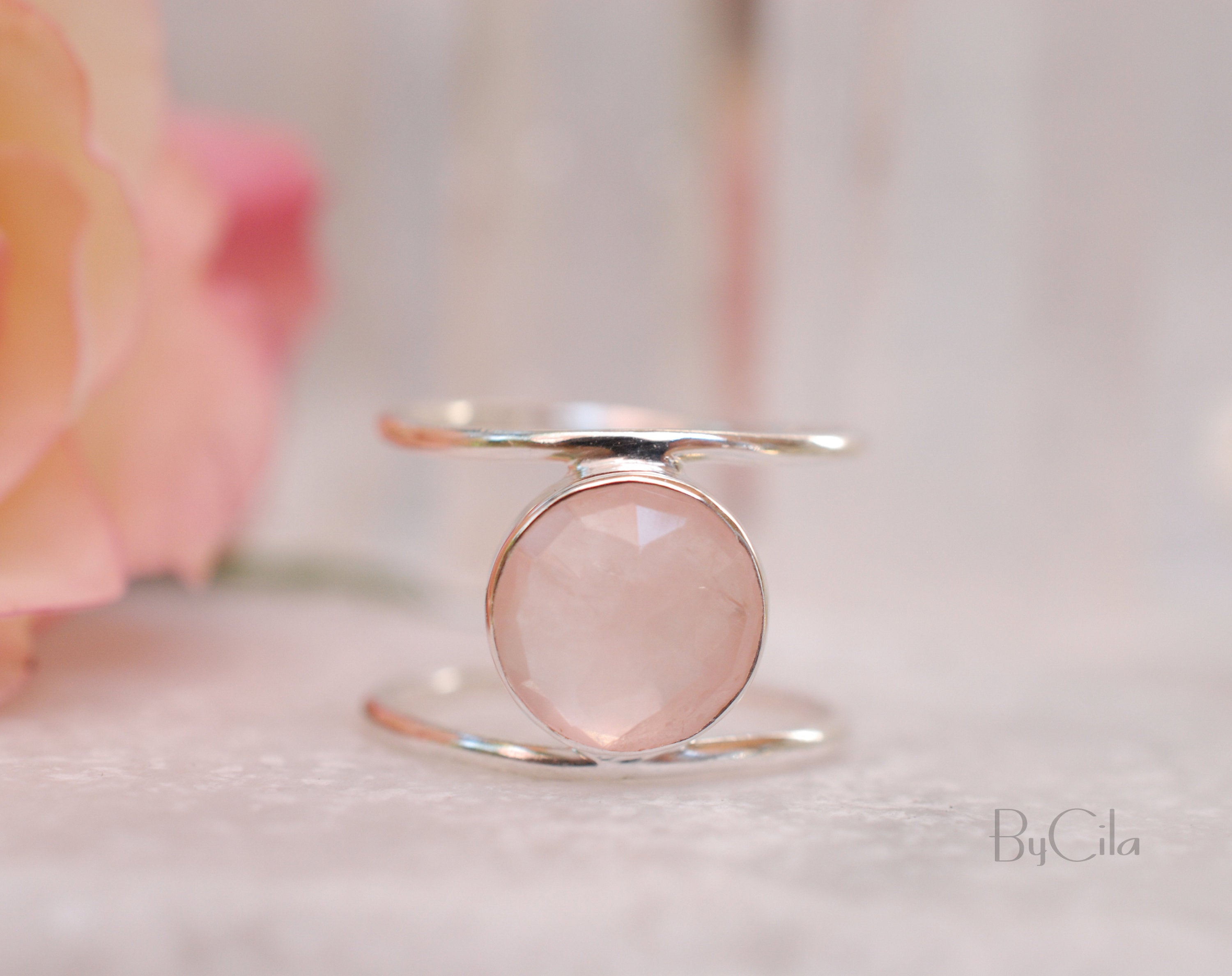 Rose Quartz Triple Band Silver Ring – Happy Goods Unlimited