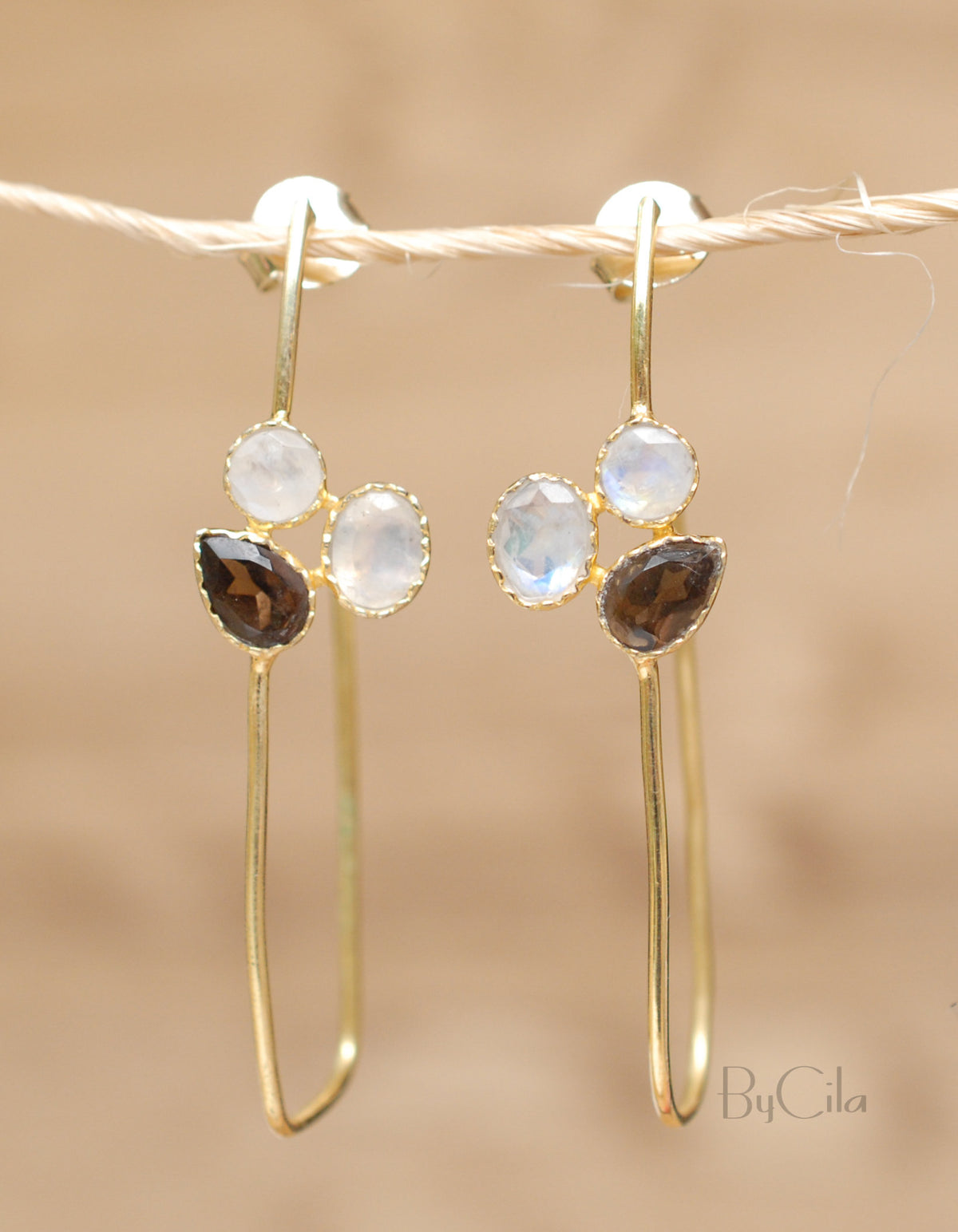 Sandy Earrings * Moonstone & Smoky Quartz * Gold Plated 18K * BJE069