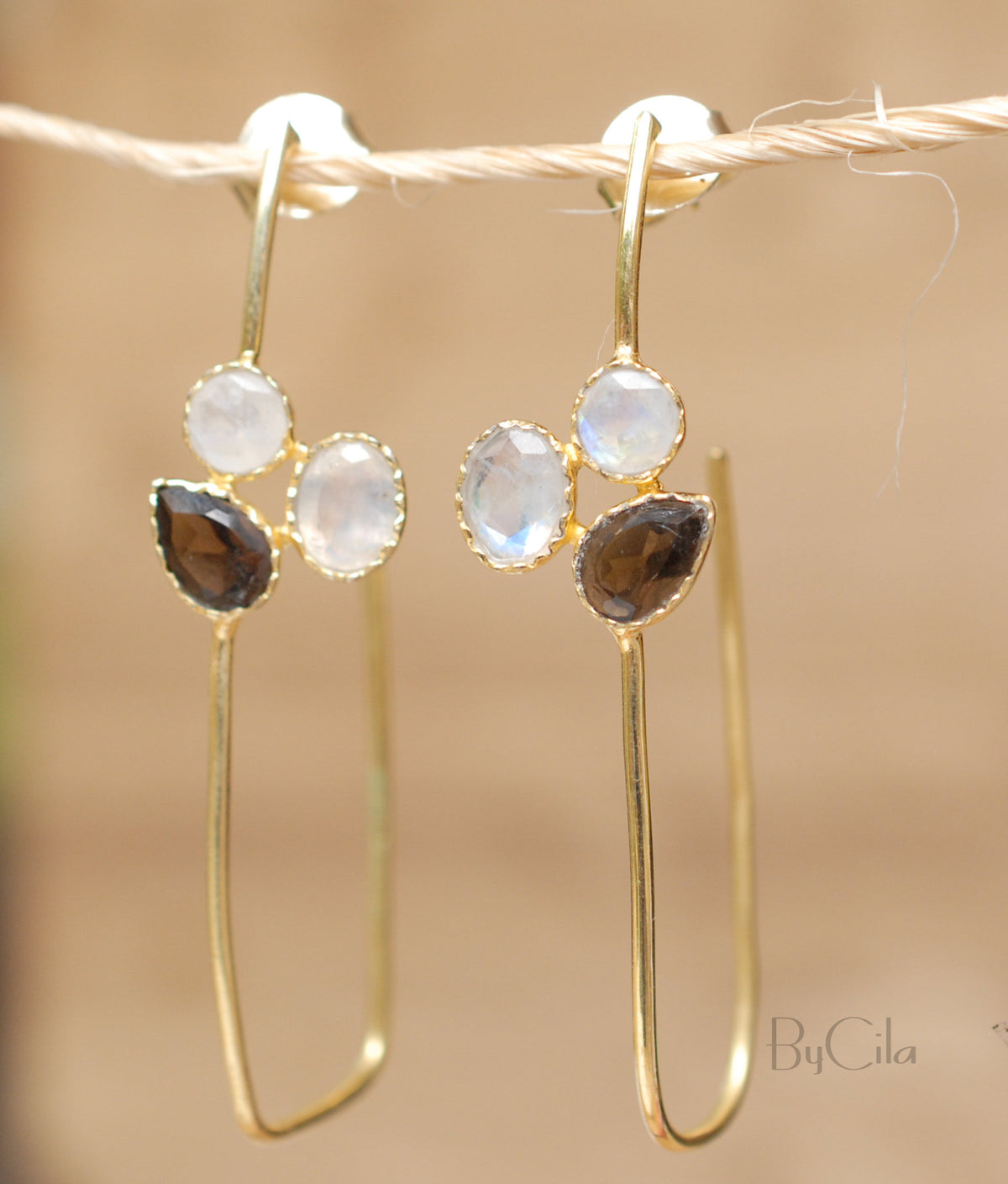 Sandy Earrings * Moonstone & Smoky Quartz * Gold Plated 18K * BJE069