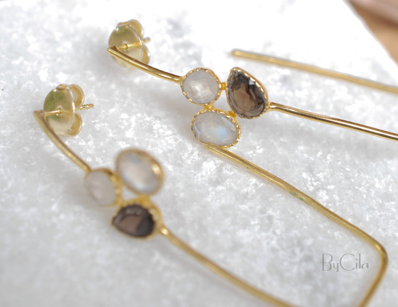 Sandy Earrings * Moonstone & Smoky Quartz * Gold Plated 18K * BJE069