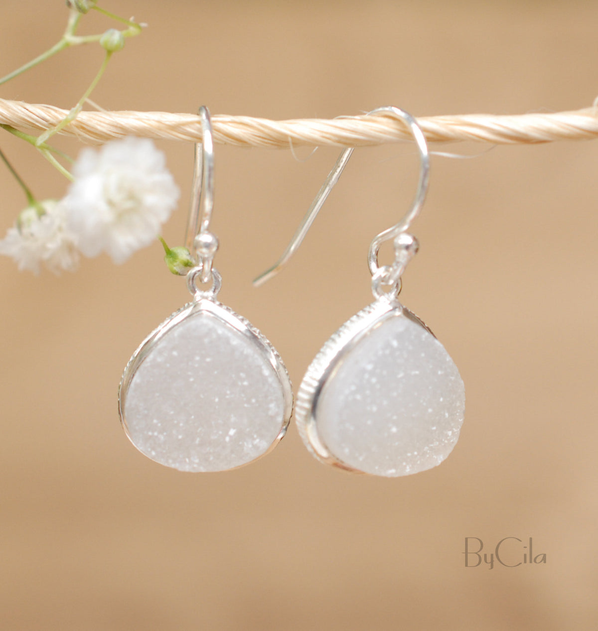Lihue Earrings * White Druzy * Gold Plated 18k or Sterling Silver 925 * BJE064B