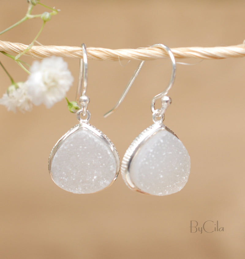 Lihue Earrings * White Druzy * Gold Plated 18k or Sterling Silver 925 * BJE064B