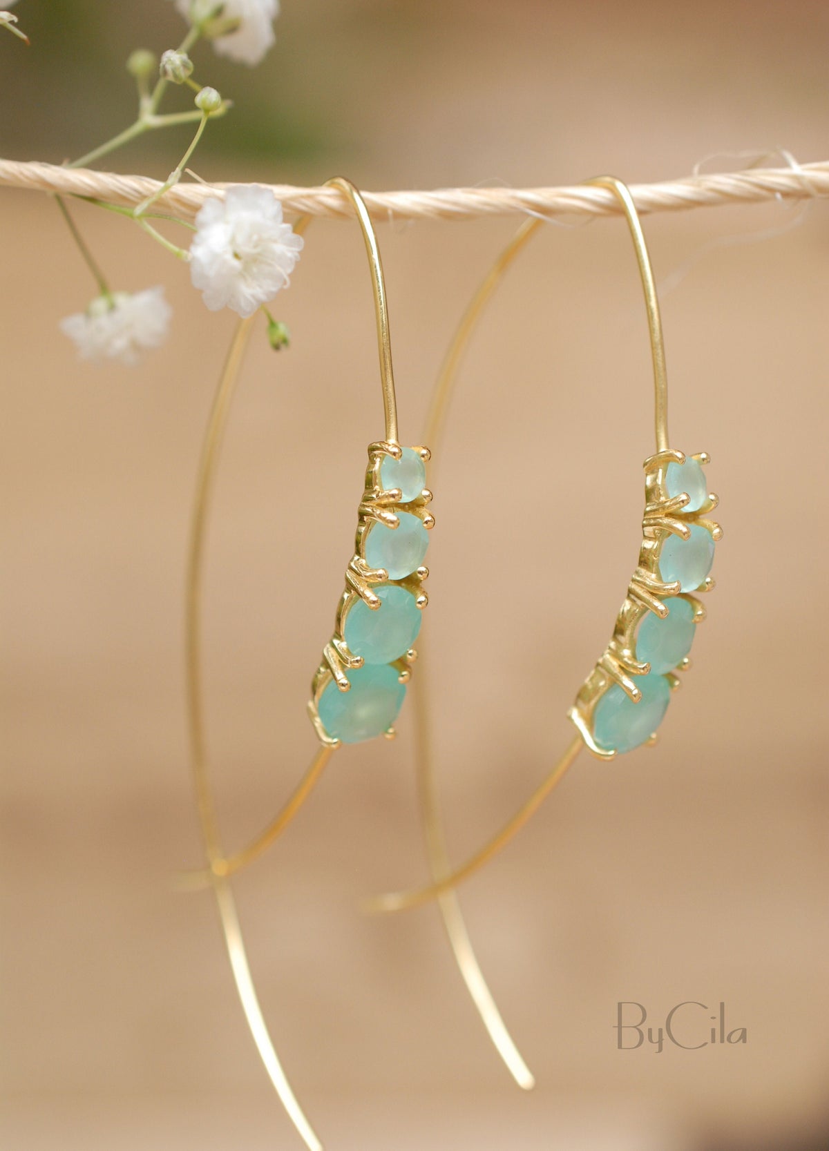 Aqua Chalcedony Gold Vermeil or Rose Gold Vermeil Threader Earrings * Gemstone * Earrings * Handmade * Modern * ByCila *BJE045B