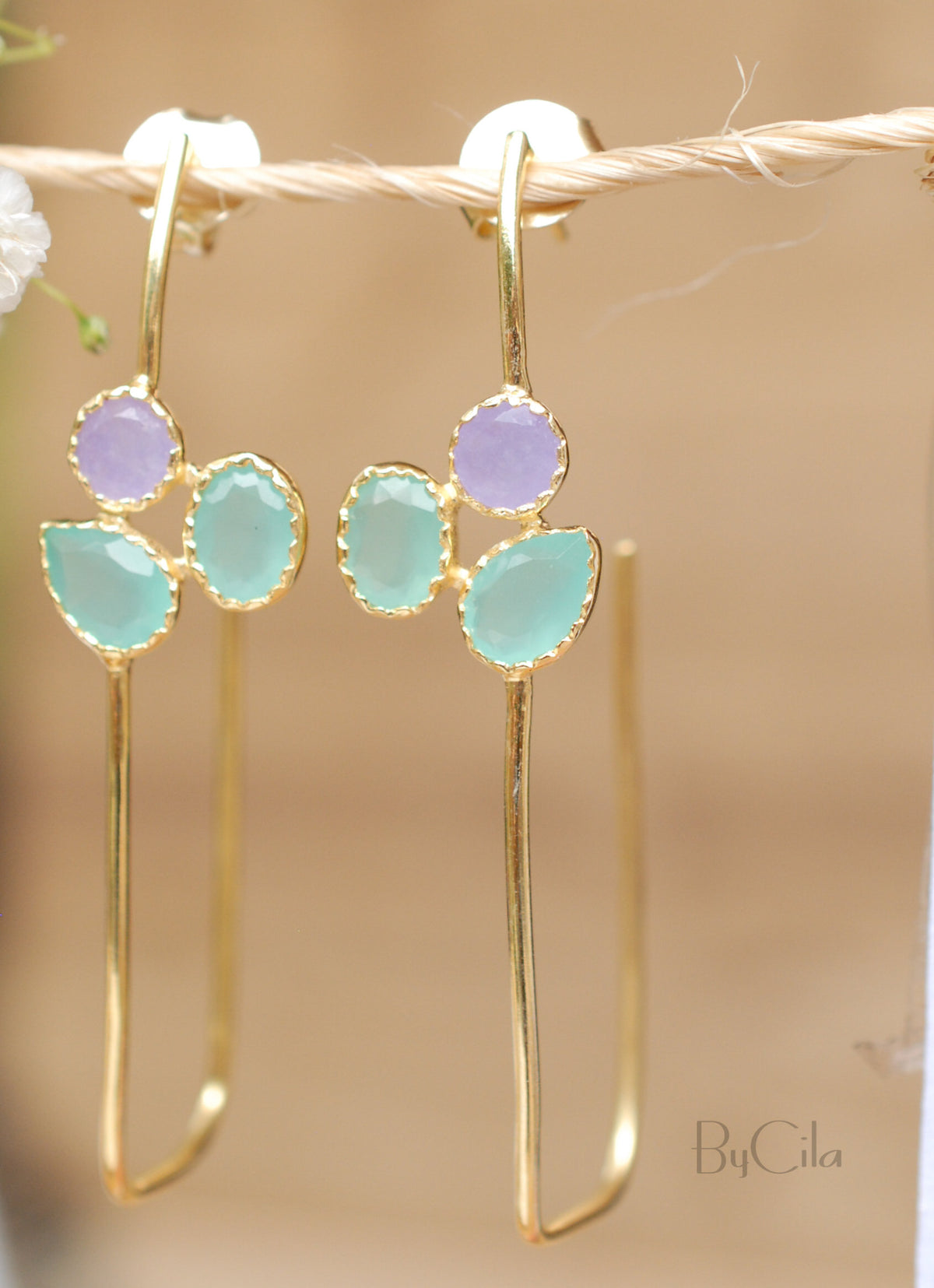 Sandy Earrings * Aqua Chalcedony & Purple Quartz  * Gold Plated 18k * BJE070