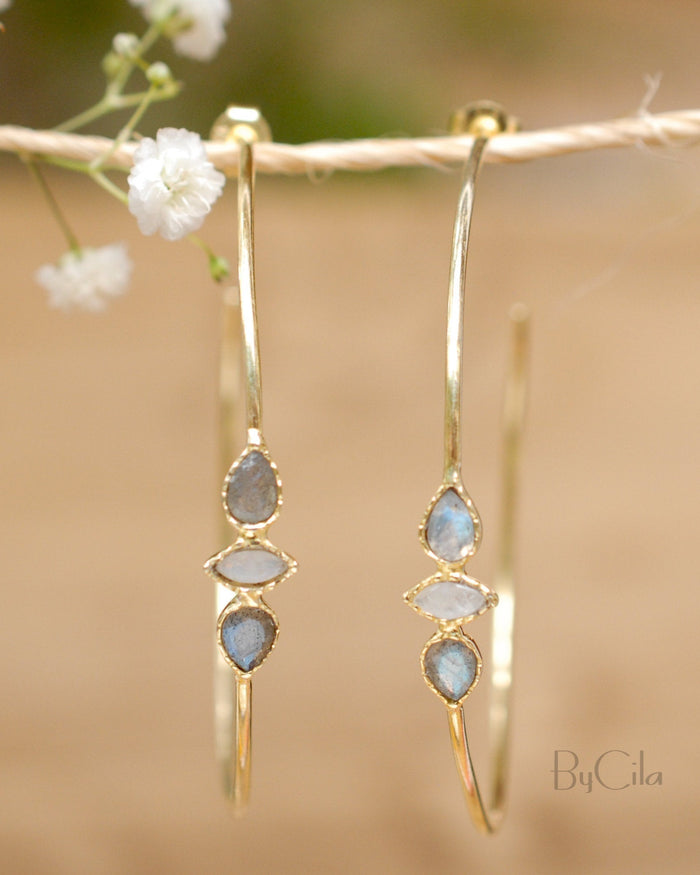 Labradorite & Moonstone Hoop Gold Plated 18k or Silver Plated or Rose Gold Plated * Stud* Post* Labradorite *Handmade* ByCila *Loop* BJE016B
