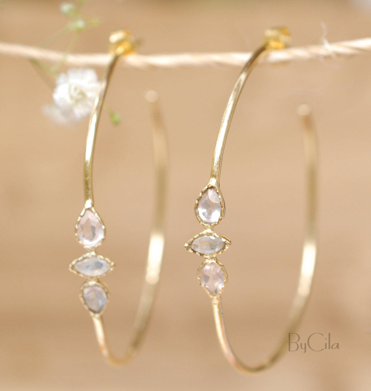 Yeda Hoop Earrings * Rose Quartz & Moonstone * Gold Plated 18k,  Silver Plated or Rose Gold Plated * BJE015A