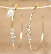 Rose Quartz & Moonstone Hoop Gold or Silver Earrings *Gemstone *Stud* Post*ByCila *Handmade * Boho * Modern *Loop * Large Earrings * BJE015B
