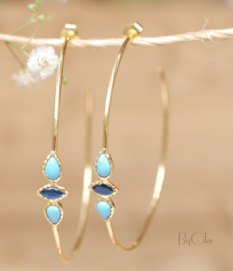 Turquoise & Sapphire Hoop * Gold Plated 18k or Silver Plated * Earrings * Gold Hoop* ByCila *  Handmade *Boho * Stud* Post Modern * BJE018A