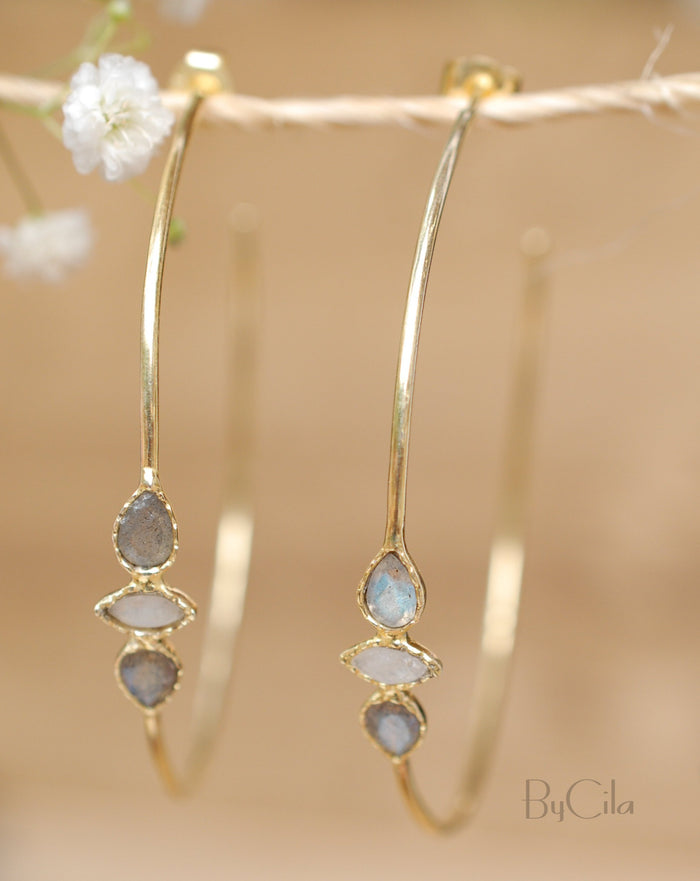 Labradorite & Moonstone Hoop Gold or Silver Earrings * Gemstone * Stud* Post* Labradorite *Handmade * Boho * Modern * ByCila * Loop* BJE016A