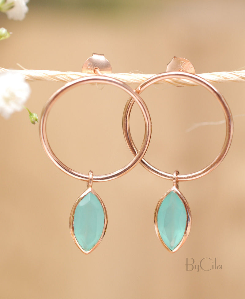 Aqua Chalcedony Stud Earrings Gold Plated or Rose Gold Plated *  Gemstone * Earrings * Teal Chalcedony * Handmade * Boho* Modern * BJE081B