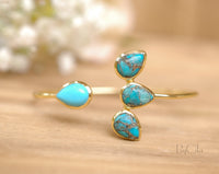 Copper Turquoise Bangle Bracelet * Gold or Silver Plated * Gemstone * Lotus Flower * Adjustable * Statement * Stacking * Layering* BJB018C