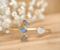 Labradorite and Moonstone Bangle Bracelet *Gold Plated 18k or Rose Gold Plated *Gemstone * Lotus Flower * Adjustable * Statement  * BJB019A