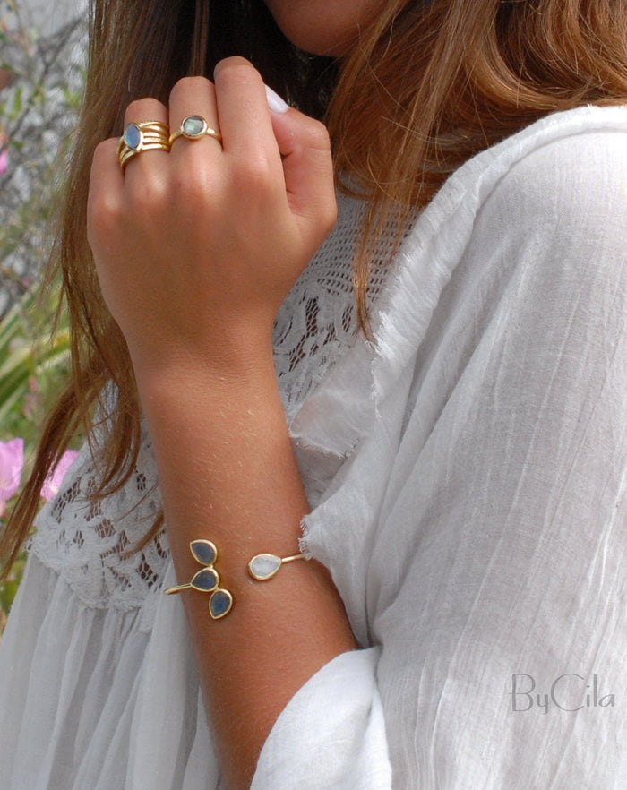 Labradorite and Moonstone Bangle Bracelet *Gold Plated 18k or Rose Gold Plated *Gemstone * Lotus Flower * Adjustable * Statement  * BJB019A