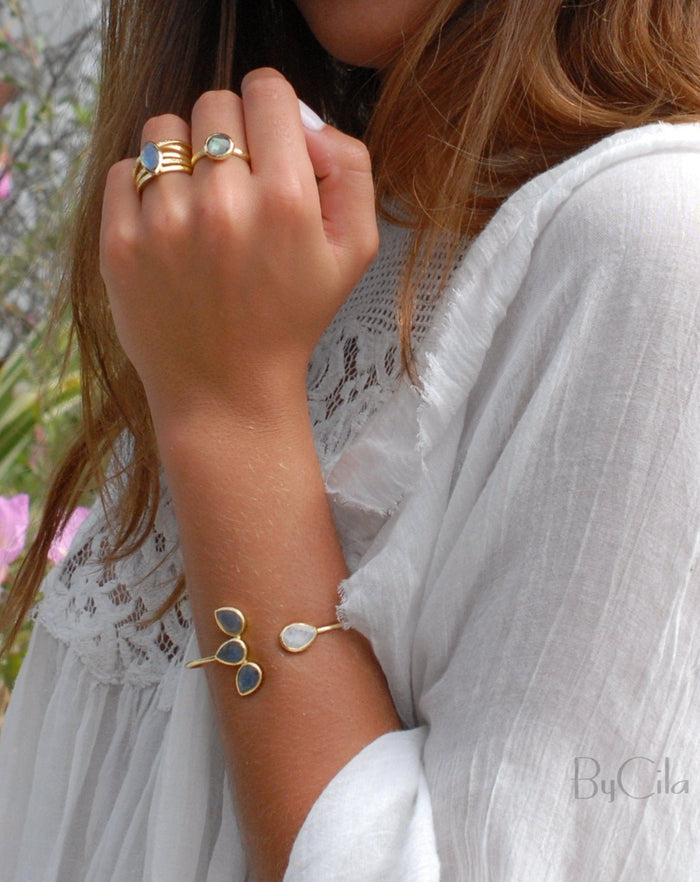 Labradorite and Moonstone Bangle Bracelet *Gold Plated 18k or Rose Gold Plated *Gemstone * Lotus Flower * Adjustable * Statement  * BJB019C