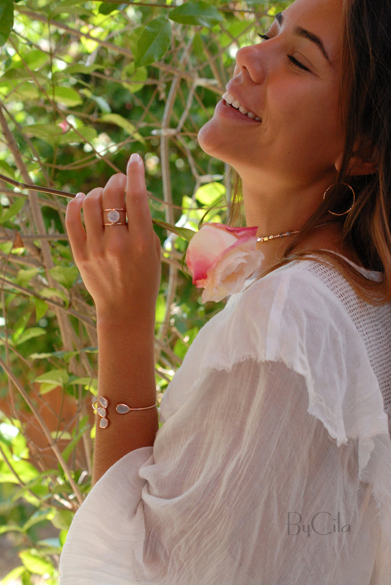 Moonstone Bangle Bracelet * Gold Plated, Rose Gold and Silver Plated * Gemstone * Lotus Flower * Adjustable *Statement * BJB020C