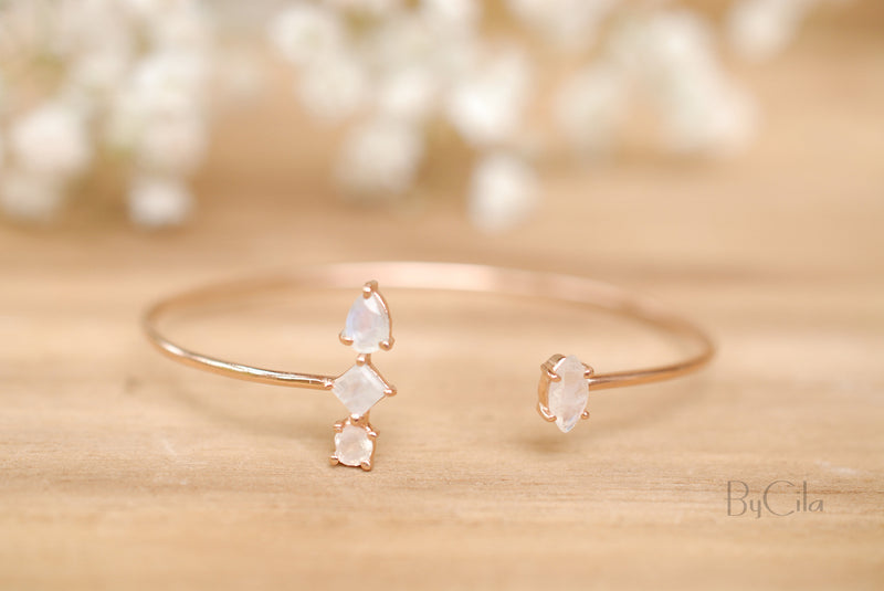 Moonstone Bangle Bracelet * Gold Plated 18k or Rose Gold Plated * Gemstone * Gypsy * Hippie * Adjustable * Statement * Stacking * BJB012A