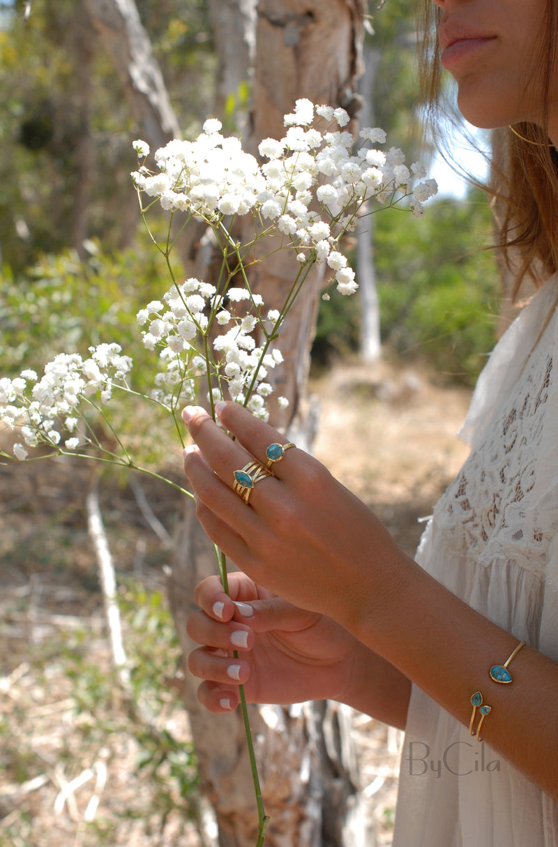 Copper Turquoise * Bangle Bracelet *  Gold * Gemstone * Gypsy * Hippie *  Adjustable * Statement *  Stacking * Layering * BJB022A