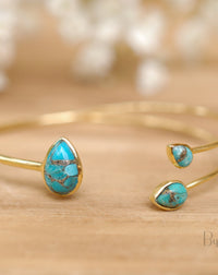 Copper Turquoise * Bangle Bracelet *  Gold * Gemstone * Gypsy * Hippie *  Adjustable * Statement *  Stacking * Layering * BJB022A