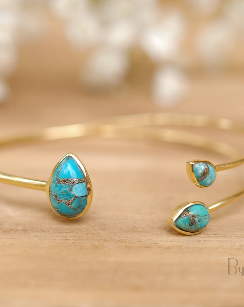 Copper Turquoise * Bangle Bracelet *  Gold * Gemstone * Gypsy * Hippie *  Adjustable * Statement *  Stacking * Layering * BJB022A