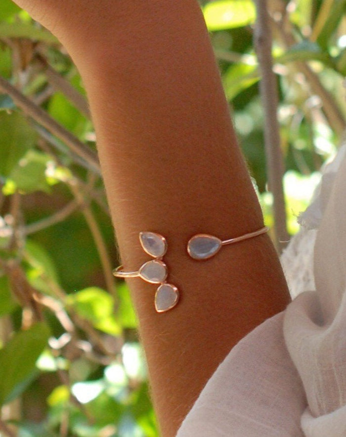 Moonstone Bangle Bracelet * Gold Plated, Rose Gold and Silver Plated * Gemstone * Lotus Flower * Adjustable *Statement * BJB020C