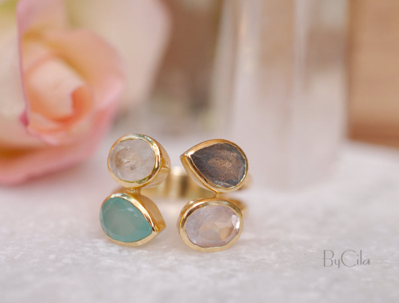 Gemstones Gold Ring* Moonstone, Aqua Chalcedony, Labradorite & Rose Quartz * Statement Birthstone* Gold Plated Ring * Multi stones BJR062