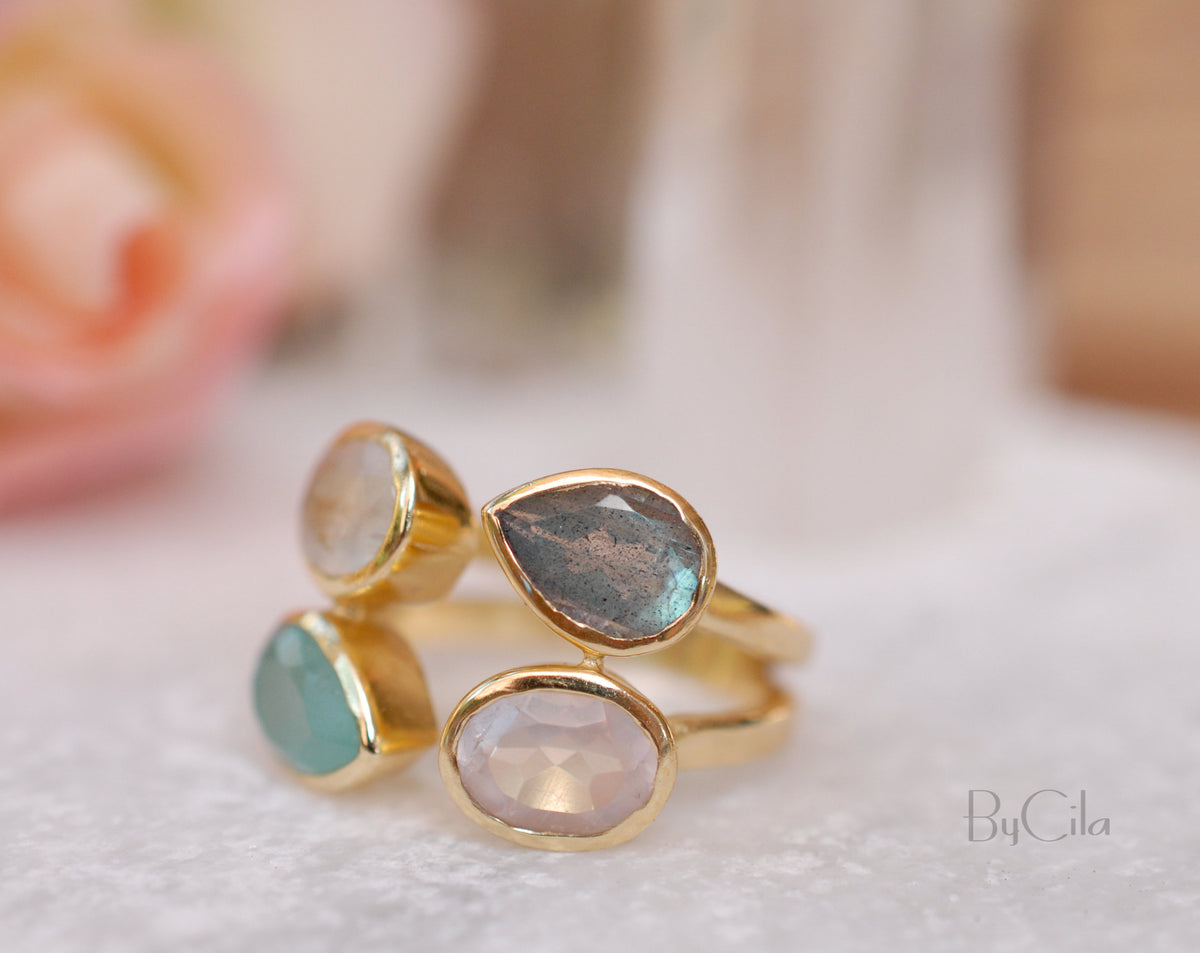 Gemstones Gold Ring* Moonstone, Aqua Chalcedony, Labradorite & Rose Quartz * Statement Birthstone* Gold Plated Ring * Multi stones BJR062