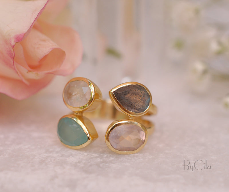 Gemstones Gold Ring* Moonstone, Aqua Chalcedony, Labradorite & Rose Quartz * Statement Birthstone* Gold Plated Ring * Multi stones BJR062