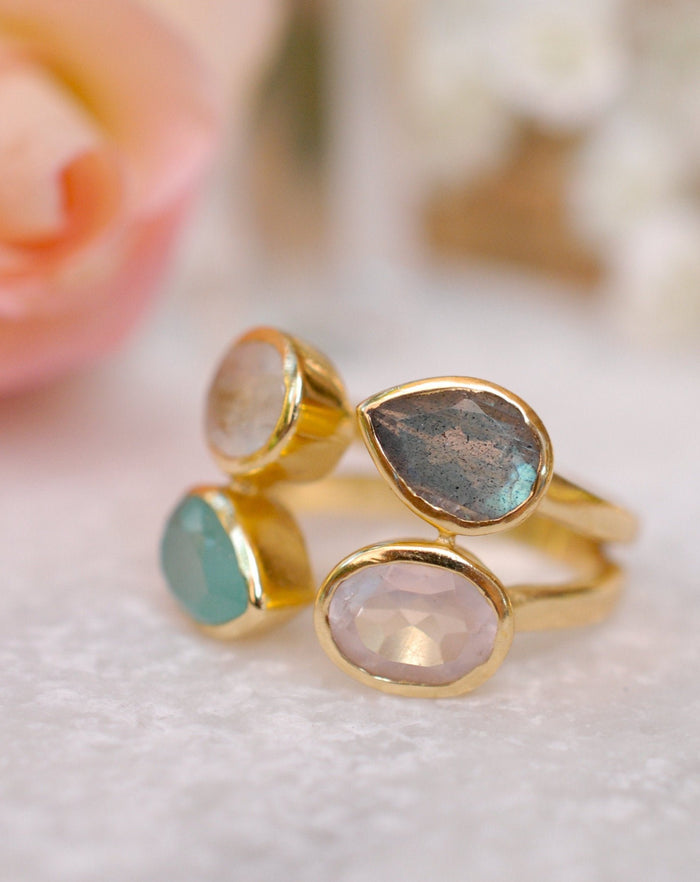 Gemstones Gold Ring* Moonstone, Aqua Chalcedony, Labradorite & Rose Quartz * Statement Birthstone* Gold Plated Ring * Multi stones BJR062