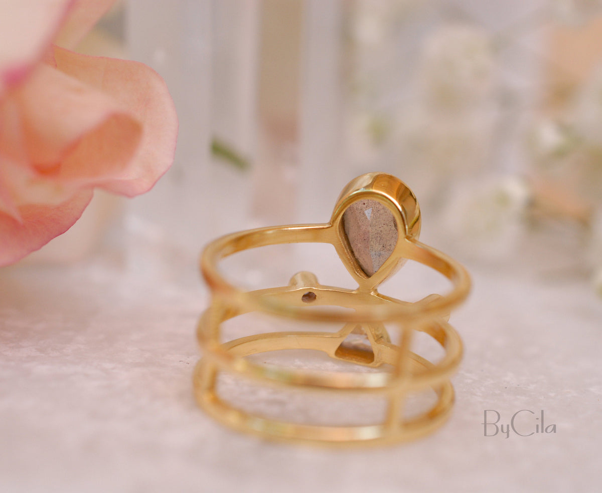 Moonstone & White Topaz Ring * Gold Plated Ring * Statement Ring *Gemstone Ring * Rainbow * Bridal Ring *Wedding Ring  * BJR118