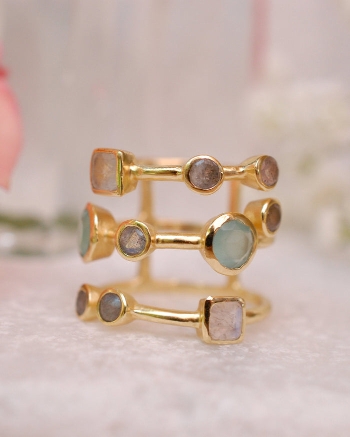 Gemstones Gold Ring * Statement Birthstone* Gold Plated Ring * Labradorite * Moonstone * Teal Chalcedony * Aqua*BJR072