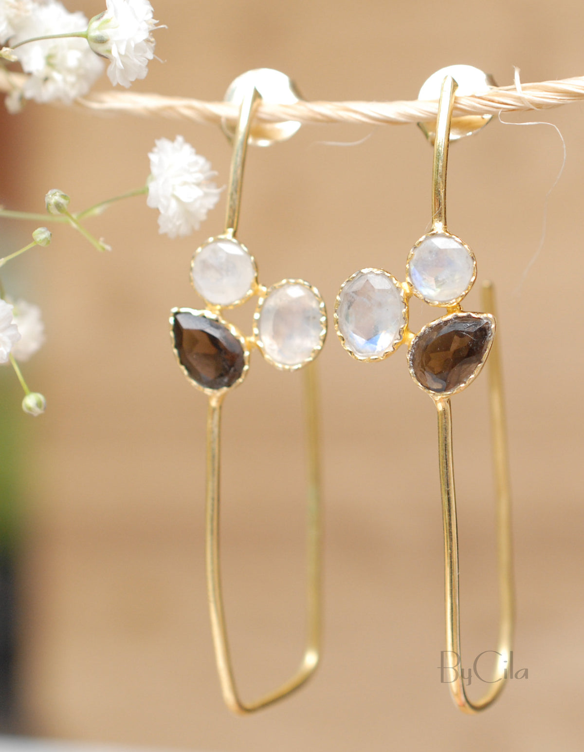 Sandy Earrings * Moonstone & Smoky Quartz * Gold Plated 18K * BJE069