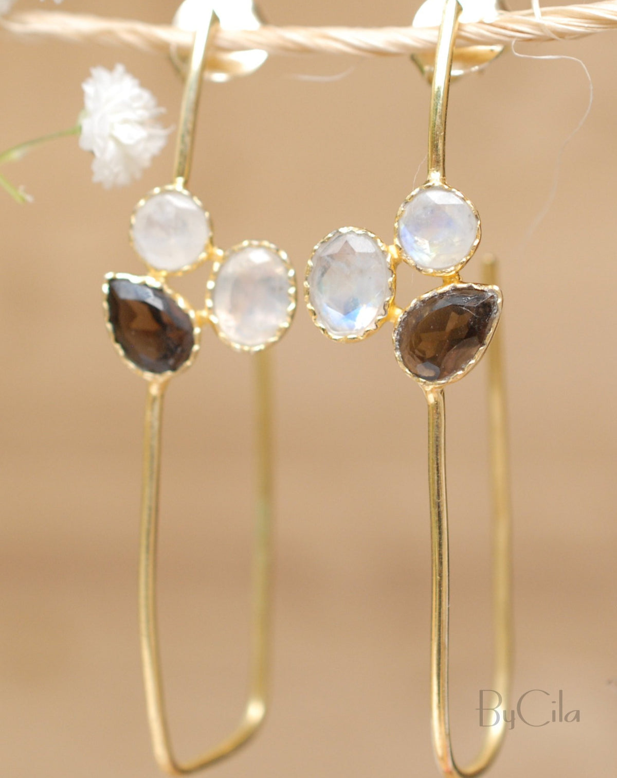 Sandy Earrings * Moonstone & Smoky Quartz * Gold Plated 18K * BJE069