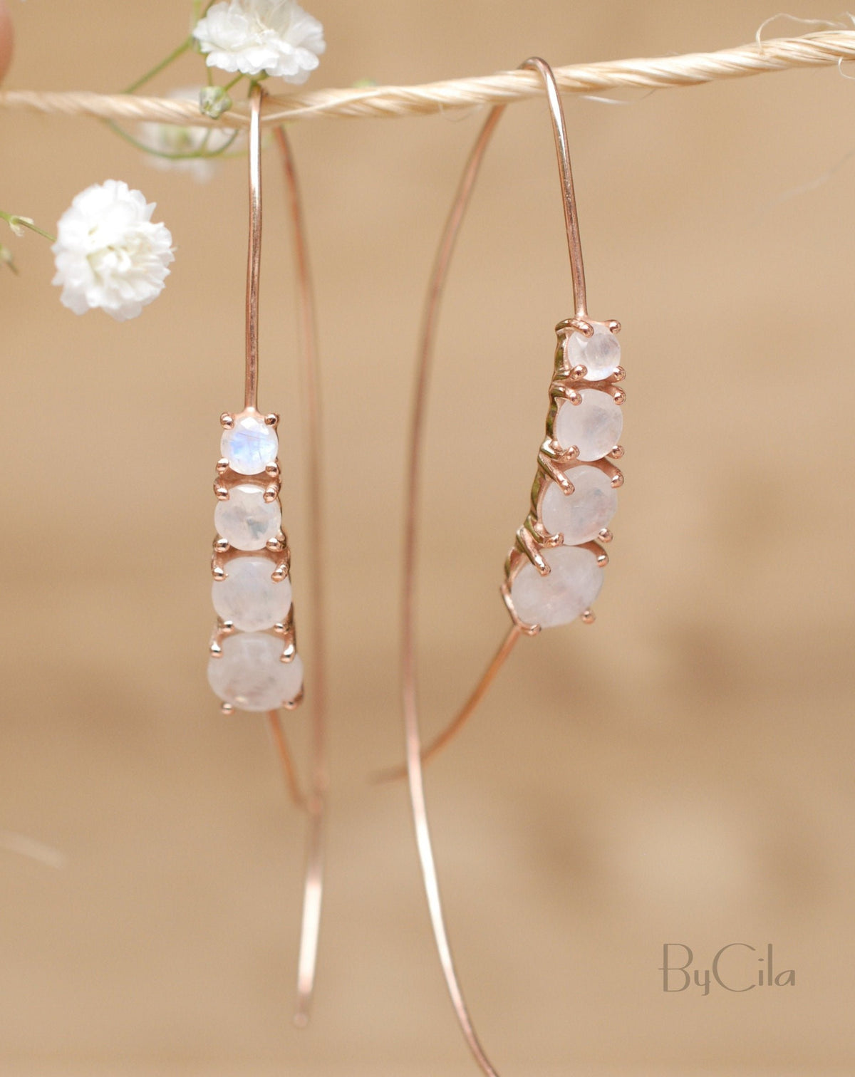 Moonstone Threader Earrings Rose Gold, Gold Vermeil or Sterling Silver * Gemstone * Earrings  Handmade * Modern * ByCila * BJE043A
