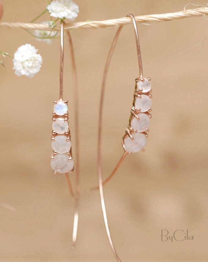 Moonstone Threader Earrings Rose Gold, Gold Vermeil or Sterling Silver * Gemstone * Earrings  Handmade * Modern * ByCila * BJE043A