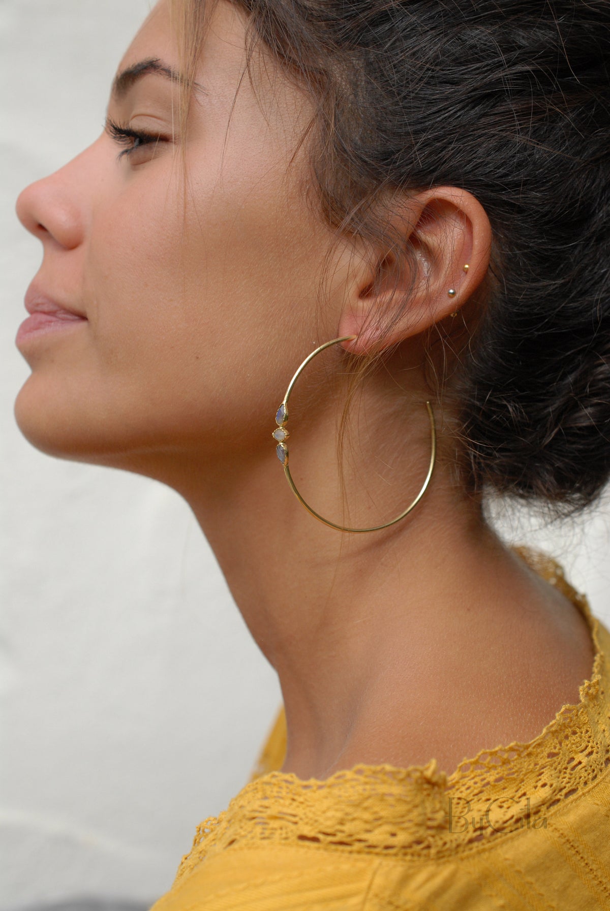 Labradorite & Moonstone Hoop Gold or Silver Earrings * Gemstone * Stud* Post* Labradorite *Handmade * Boho * Modern * ByCila * Loop* BJE016A