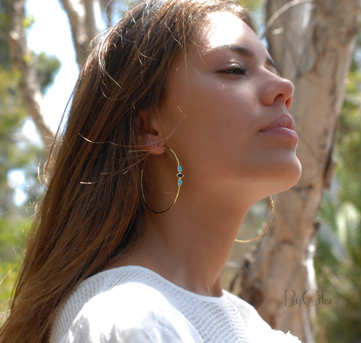 Turquoise & Sapphire Hoop * Gold Plated 18k or Silver Plated * Earrings * Gold Hoop* ByCila *  Handmade *Boho * Stud* Post Modern * BJE018A