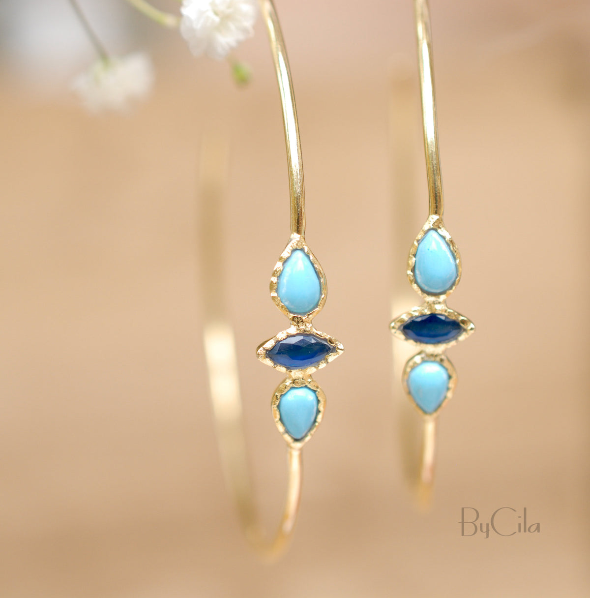 Turquoise & Sapphire Hoop * Gold Plated 18k or Silver Plated * Earrings * Gold Hoop* ByCila *  Handmade *Boho * Stud* Post Modern * BJE018A