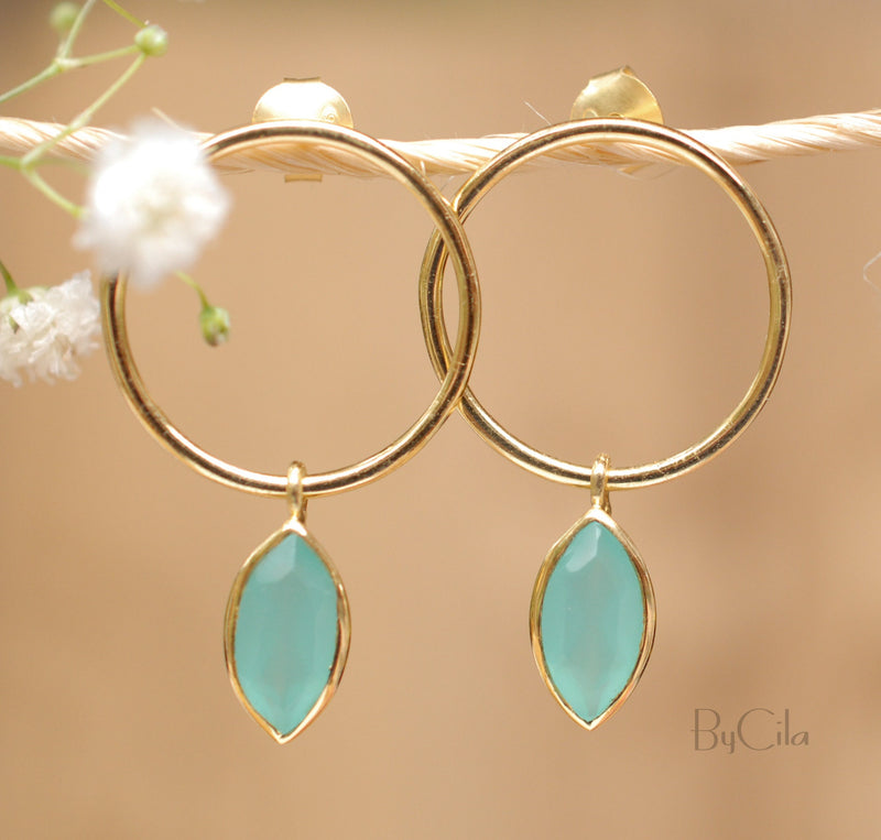 Aqua Chalcedony Stud Earrings Gold Plated or Rose Gold Plated *  Gemstone * Earrings * Teal Chalcedony * Handmade * Boho* Modern * BJE081B