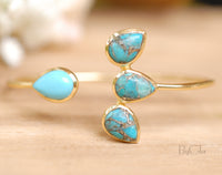 Copper Turquoise Bangle Bracelet * Gold or Silver Plated * Gemstone * Lotus Flower * Adjustable * Statement * Stacking * Layering* BJB018B