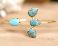 Copper Turquoise Bangle Bracelet * Gold or Silver Plated * Gemstone * Lotus Flower * Adjustable * Statement * Stacking * Layering* BJB018C