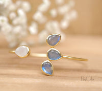 Labradorite and Moonstone Bangle Bracelet *Gold Plated 18k or Rose Gold Plated or Silver Plated *Gemstone*Lotus Flower * Statement * BJB019B
