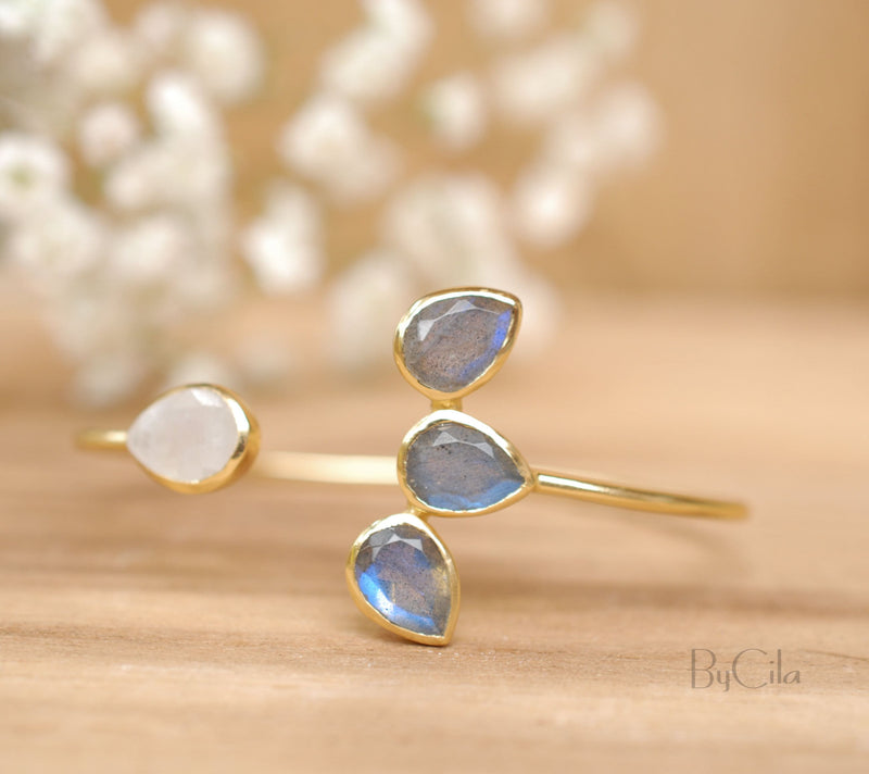 Labradorite and Moonstone Bangle Bracelet *Gold Plated 18k or Rose Gold Plated or Silver Plated *Gemstone*Lotus Flower * Statement * BJB019B